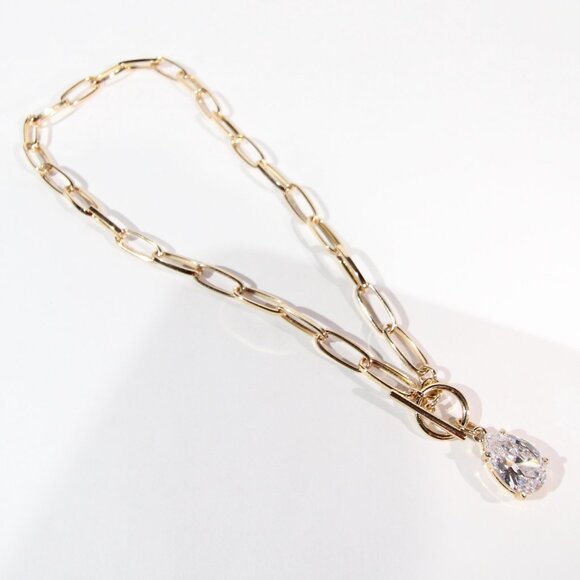 Gold Tone Paper Clip Link Necklace with a Clear Crystal Pendant - Picture 4 of 9